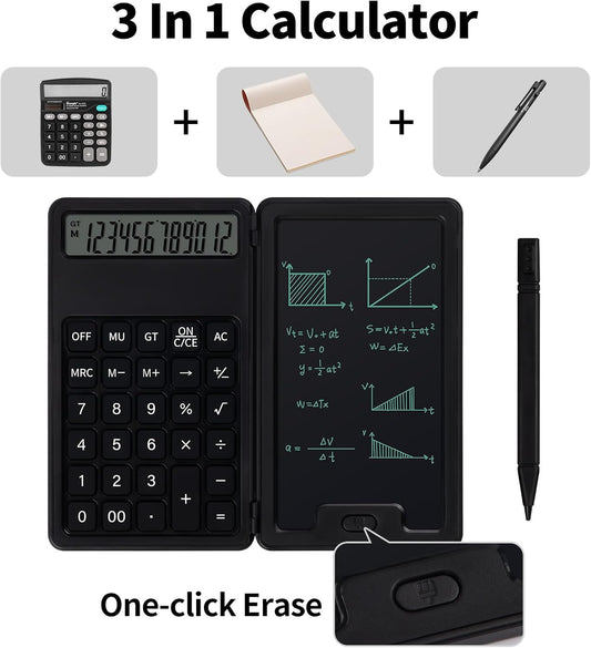 Desk Portable Basic Calculator, Small Mini Calculators with Writing Notepad and Stylus, More Lightweight and Portable, 12Digit Large Display Multi-Function for Office, School, Home & Financial (Black)