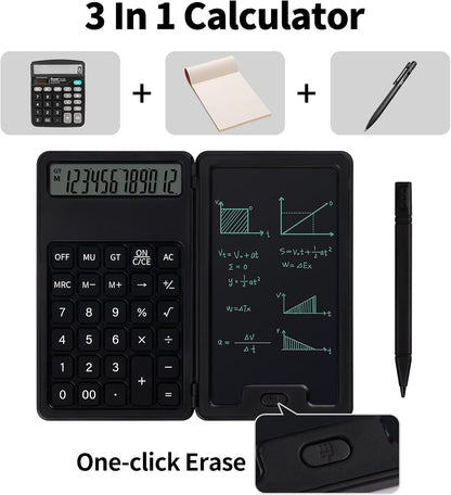 Desk Portable Basic Calculator, Small Mini Calculators with Writing Notepad and Stylus, More Lightweight and Portable, 12Digit Large Display Multi-Function for Office, School, Home & Financial (Black)