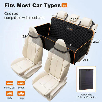 Hard Bottom 6-In-1 Dog Back Seat Cover , Waterproof Mesh Window, Non-Slip for Cars, Trucks and Suvs +FREE Car Backseat Dog Bed + FREE Dog Safety Belt